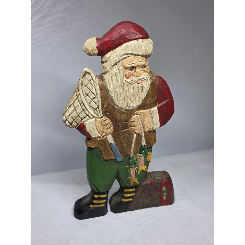 Hand Carved Wooden Santa Claus Vintage Folk Art Painted Fishing Nature Outdoors